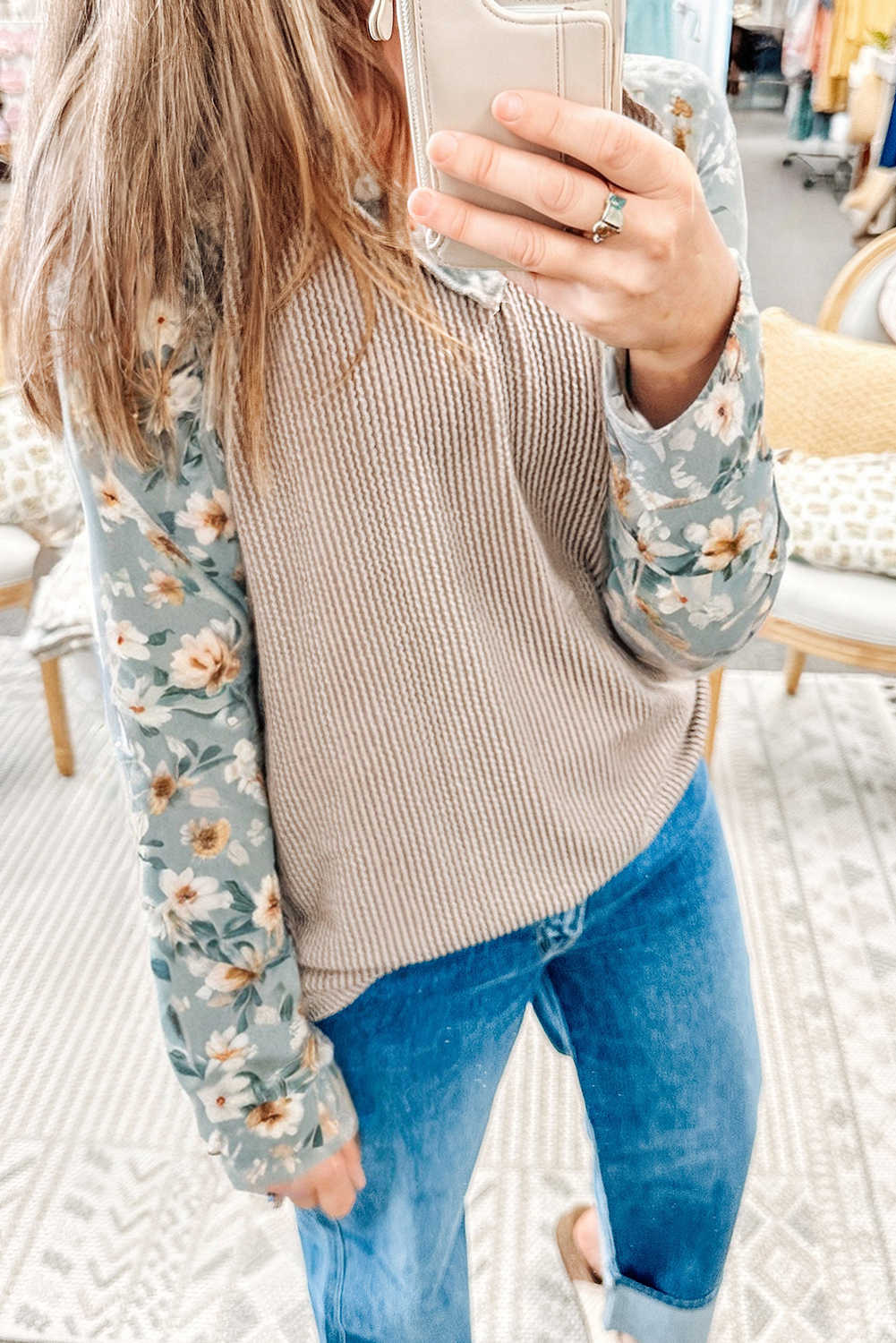 Parchment Twist Ribbed Floral Contrast Patchwork Long Sleeve Top