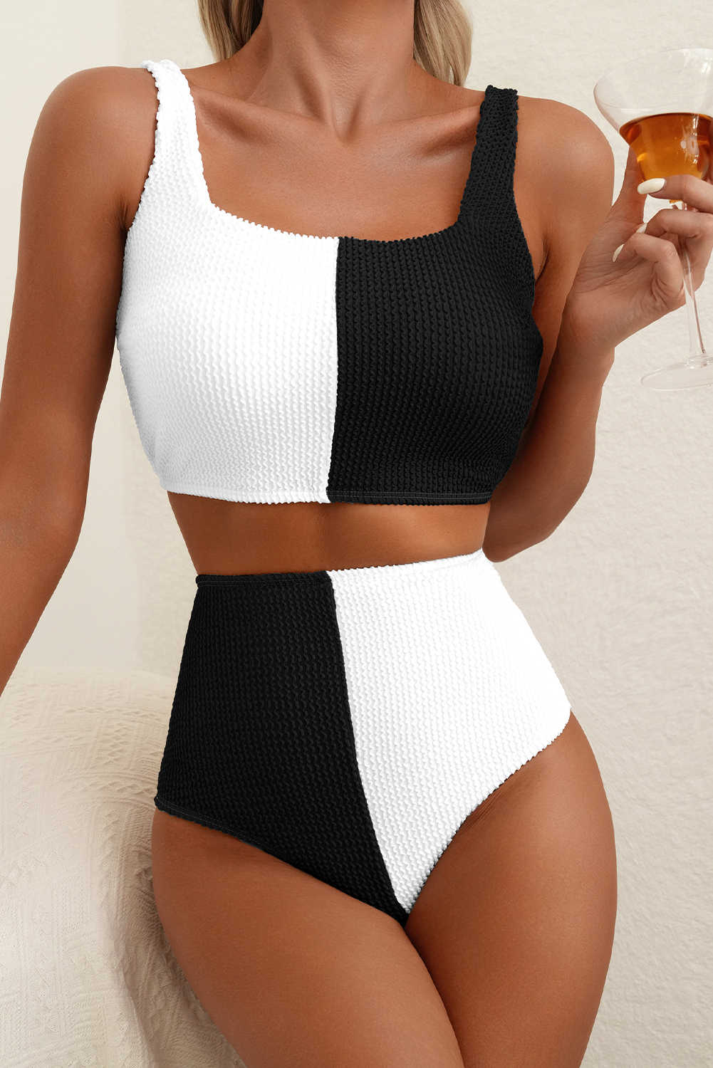 Color Black Corded Colorblock Square Neck Bikini Swimsuit