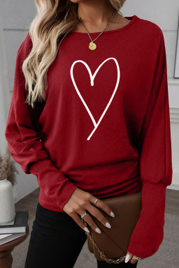 Red Dahlia Heart-shaped Print Valentines Day Long Sleeve Top