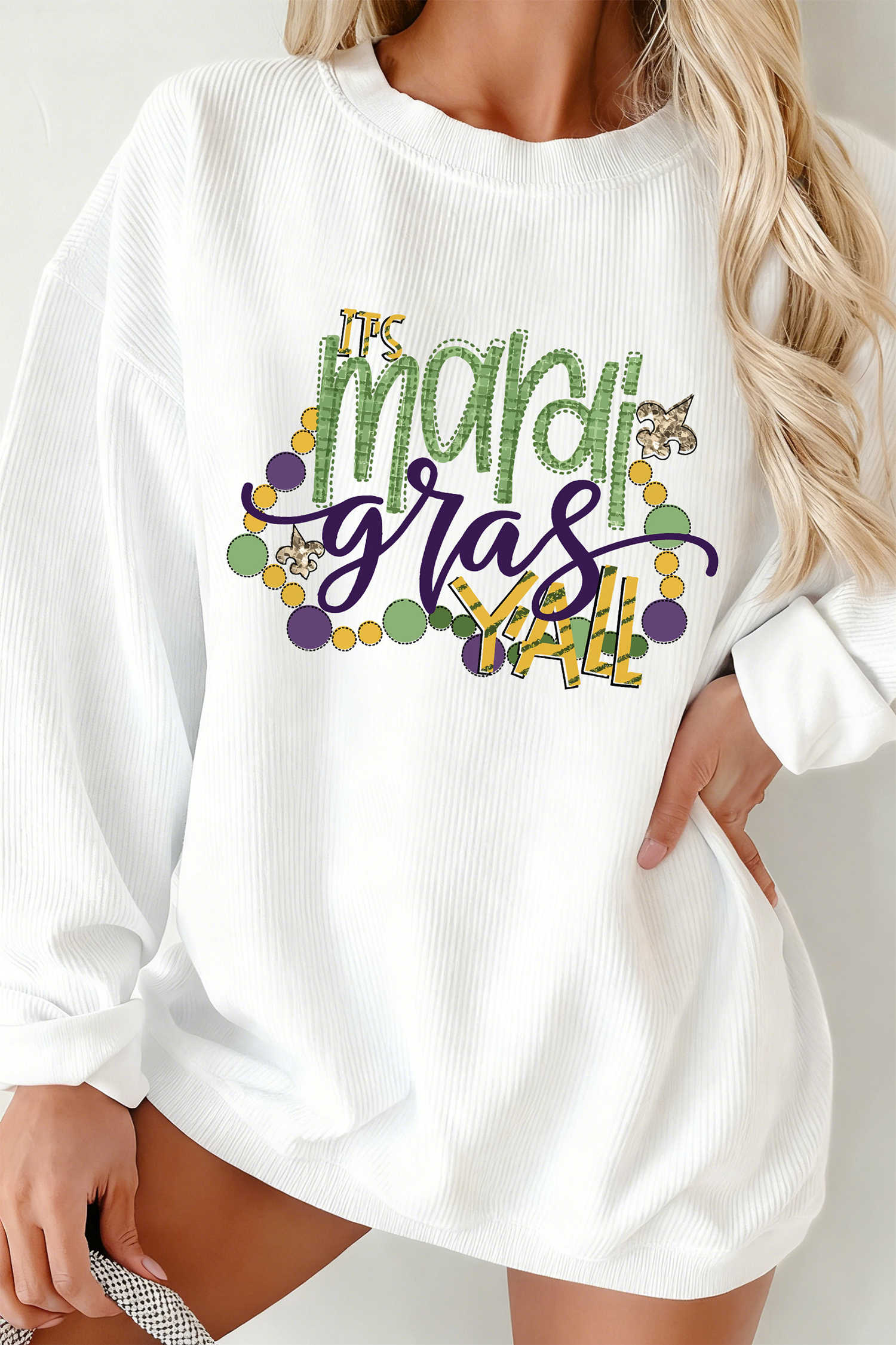 White TIS mardi gras YALL Corded Ribbed Pullover Sweatshirt