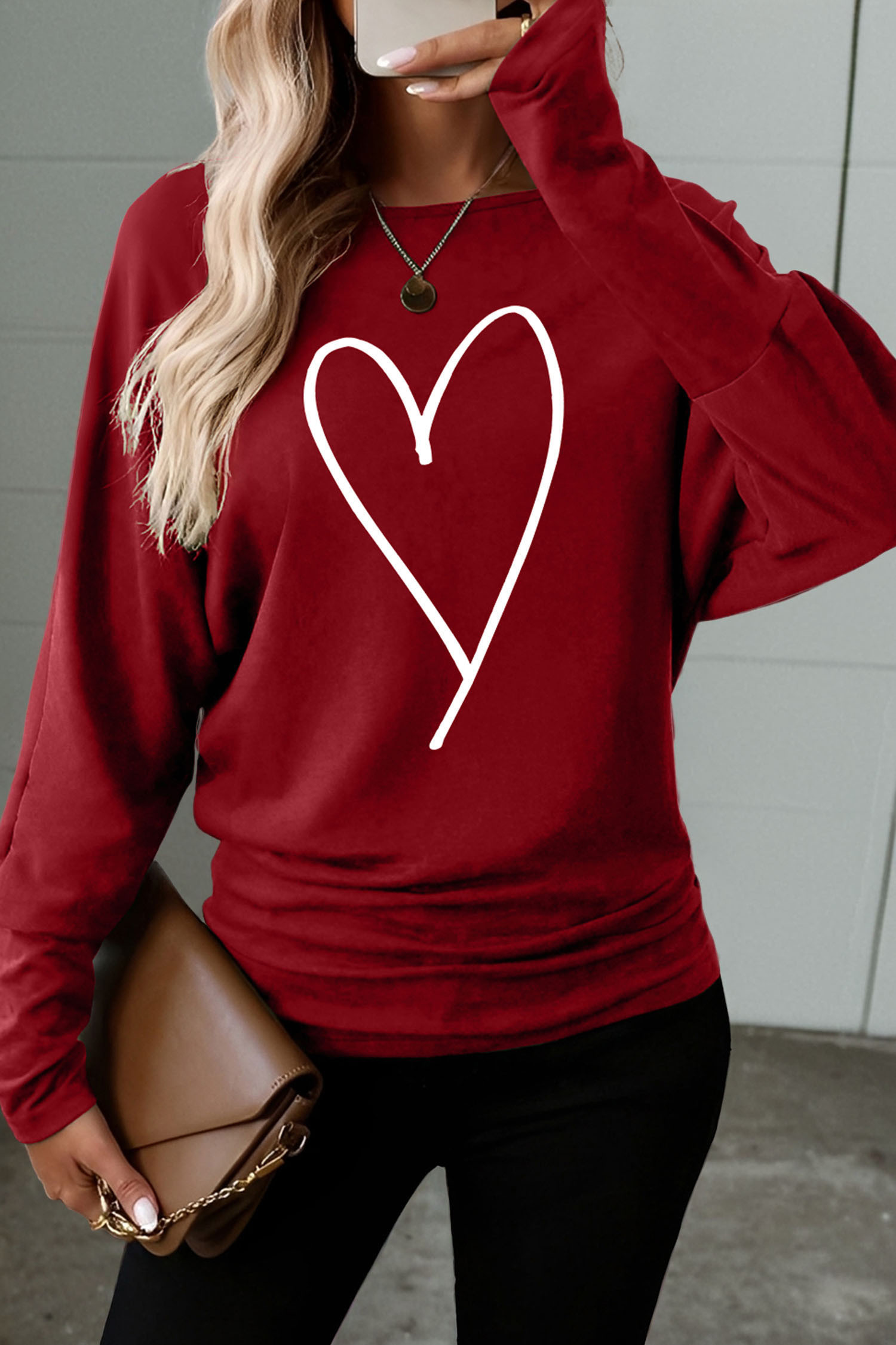 Red Dahlia Heart-shaped Print Valentines Day Long Sleeve Top