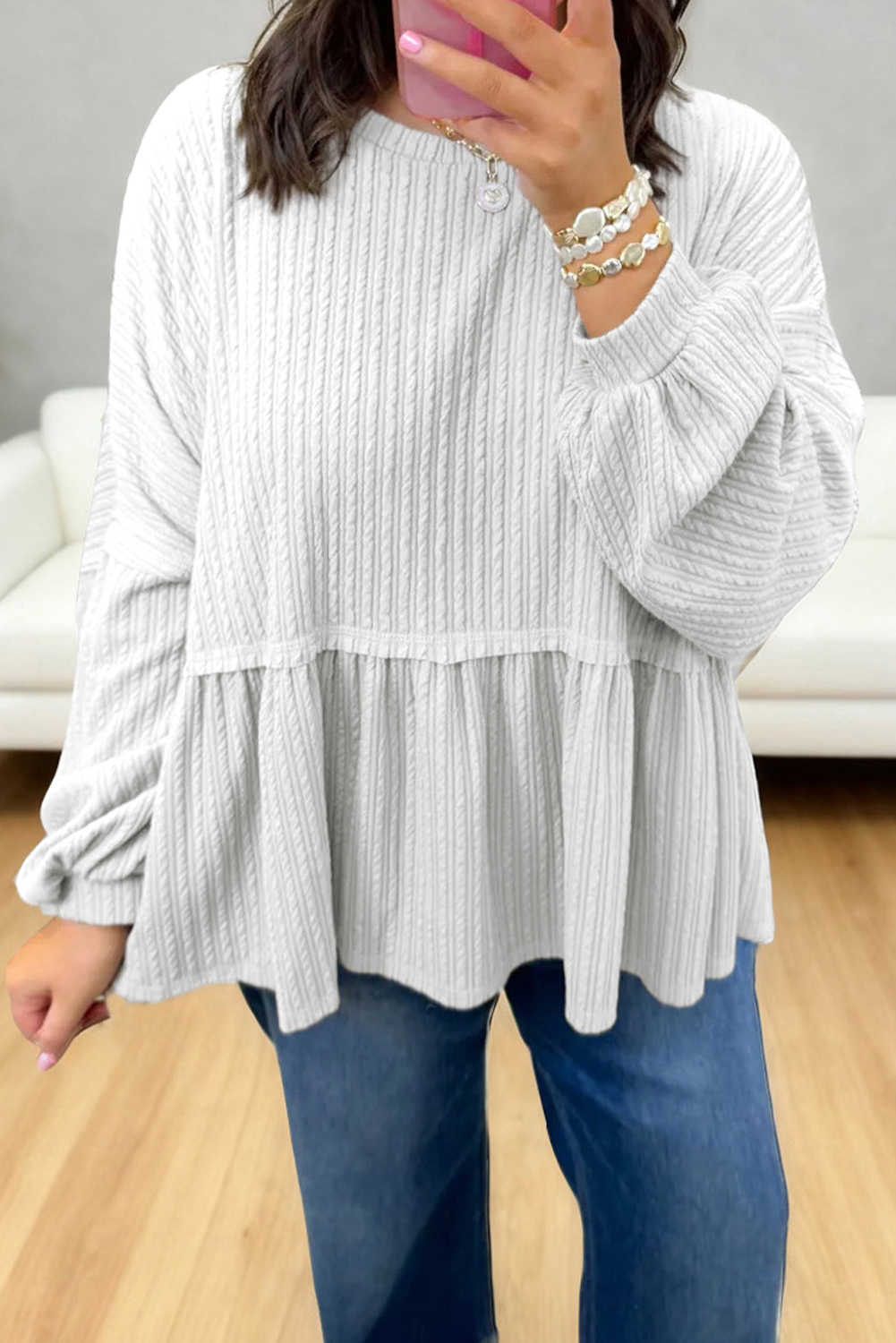White Solid Color Textured Drop Shoulder Long Sleeve Peplum Top