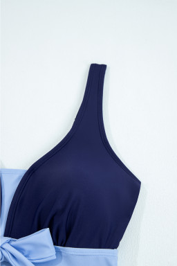 Navy Blue Color Block Patchwork Bow Knot Detail Sleeveless Swim Dress