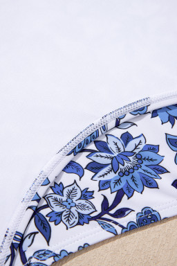 Sky Blue Crossed Back Floral Print Asymmetric Knot Side One Piece Swimsuit