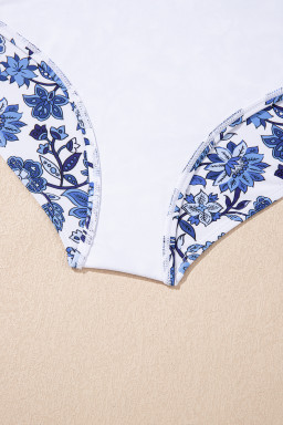 Sky Blue Crossed Back Floral Print Asymmetric Knot Side One Piece Swimsuit