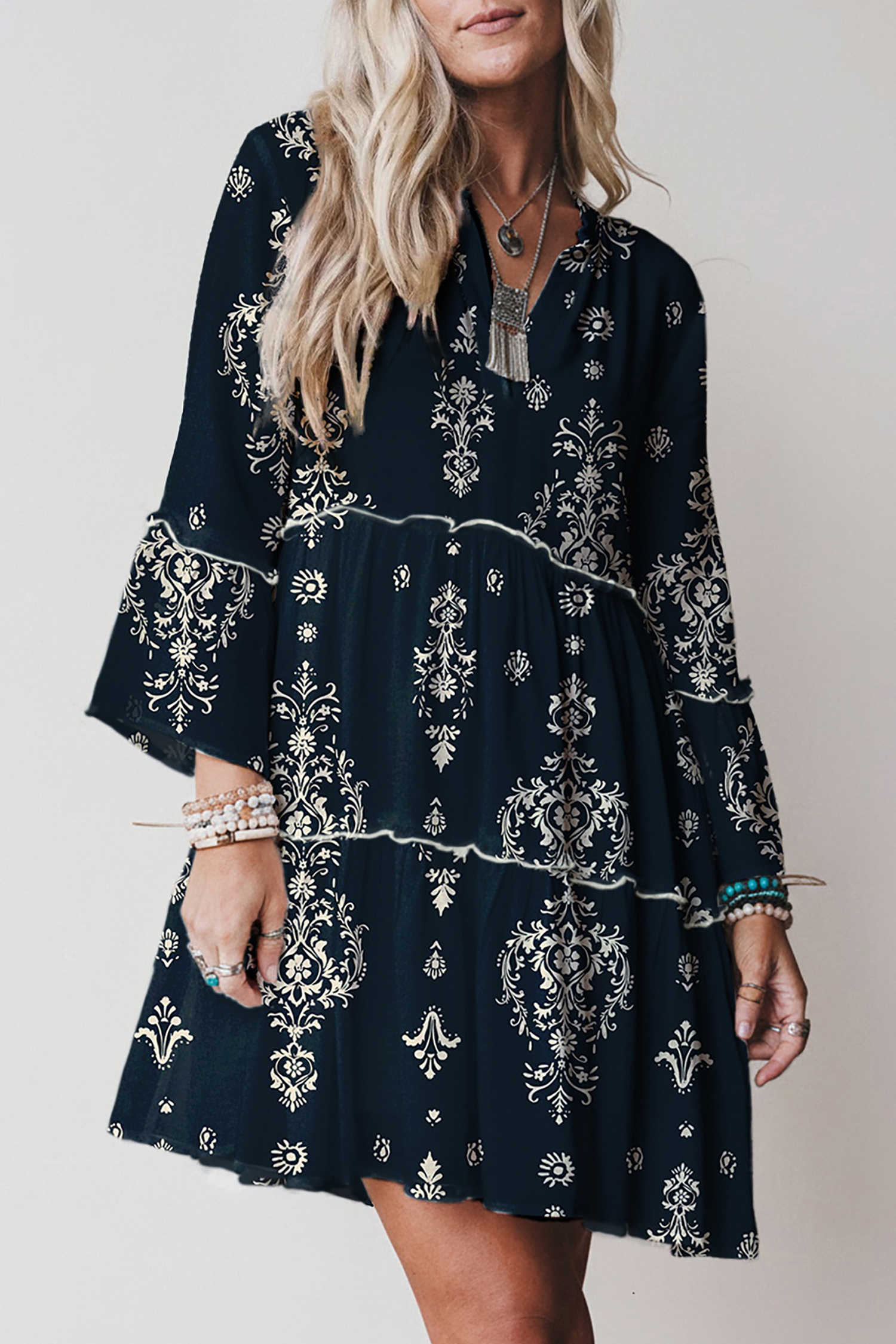 Blue Boho Floral Print Lettuce Trim 3/4 Sleeve Mini Dress