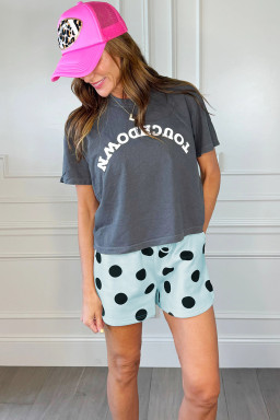 Sky Blue Polka Dot Print Drop Shoulder Pullover Drawstring Shorts Set