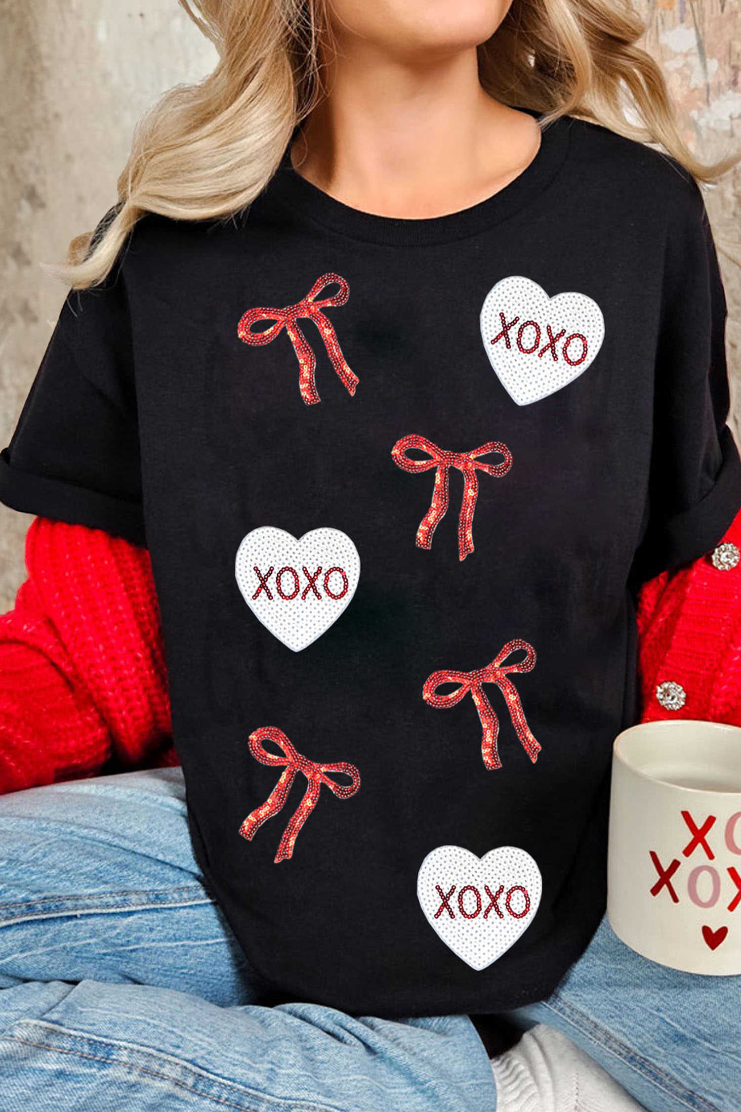 Black Valentines Bow XOXO Heart Sequin Patched Loose T Shirt