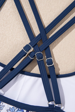 Sky Blue Crossed Back Floral Print Asymmetric Knot Side One Piece Swimsuit