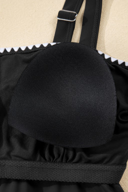 Black Spaghetti Straps Contrasted Ricrac Trim Flared Tankini 2pcs Swimsuit