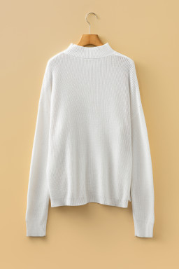 White Mix Texture Patchwork Contrast Stitch Mock Neck Sweater