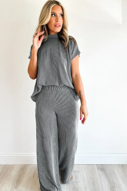 Dark Grey Twisted Ribbed High Neck Loose Tee Elastic High Waist Loose Pant Set