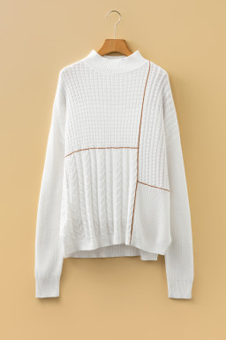 White Mix Texture Patchwork Contrast Stitch Mock Neck Sweater
