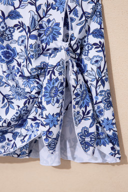 Sky Blue Crossed Back Floral Print Asymmetric Knot Side One Piece Swimsuit