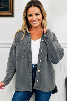 Medium Grey Mineral Wash Chest Pockets Drop Shoulder Shacket with Side Slit