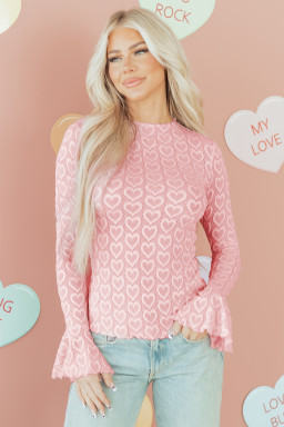 Gossamer Pink Heart Jacquard Flare Sleeve Mock Neck Fitted Top