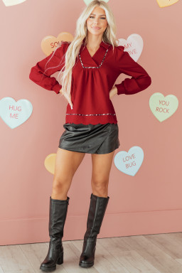 Fiery Red Collar V Neck Leopard Contrasted Trim Textured Blouse