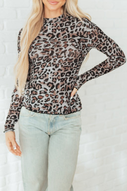 Brown Leopard Mock Neck Mesh Long Sleeve Top