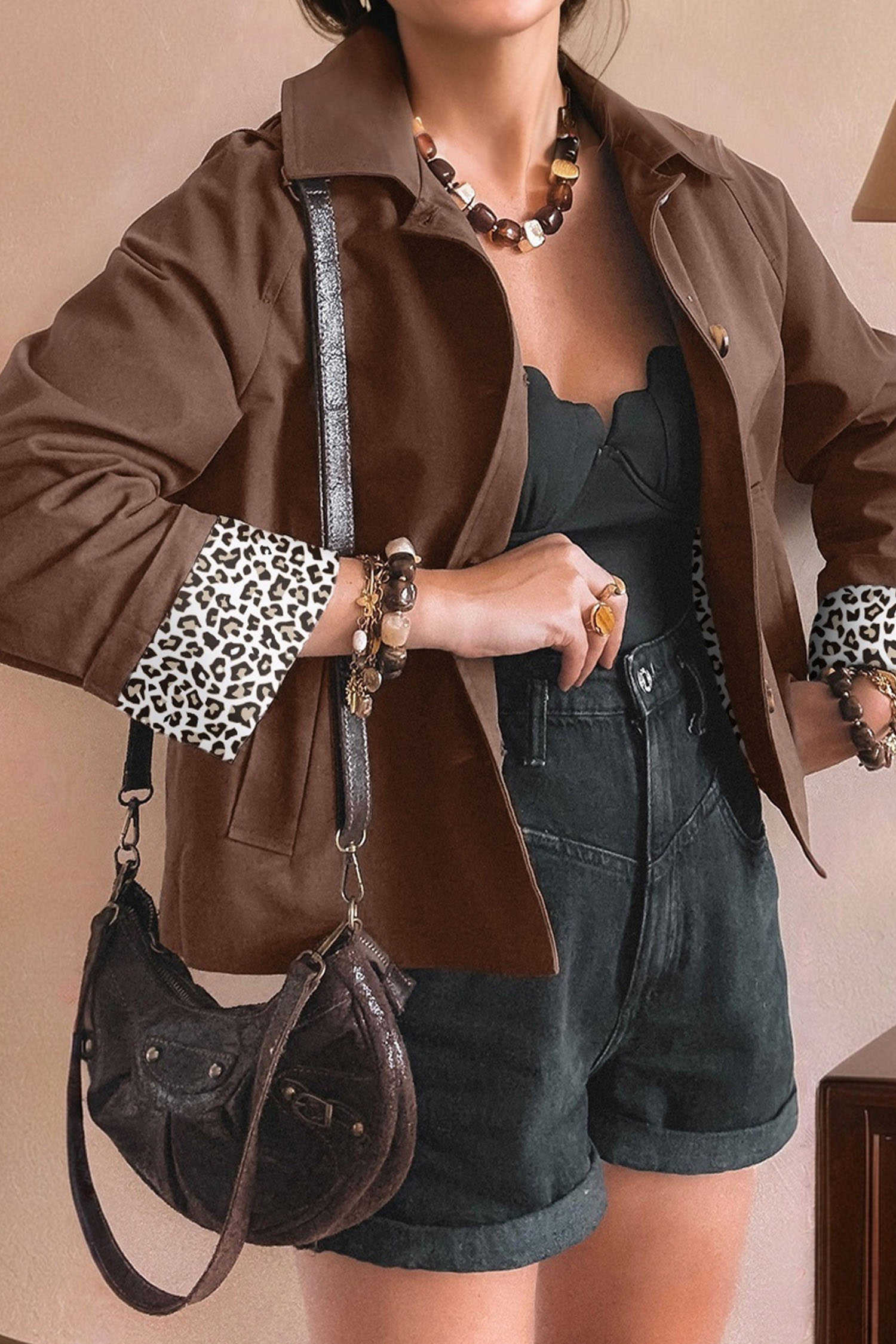 Dark Brown Collared Buttoned Leopard Liner Patchwork Chic Jacket