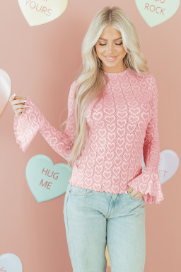 Gossamer Pink Heart Jacquard Flare Sleeve Mock Neck Fitted Top