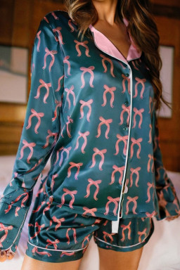 Green Ribbon Bow Print Silky Long Sleeve Shirt and Shorts 2pcs Pajama Set