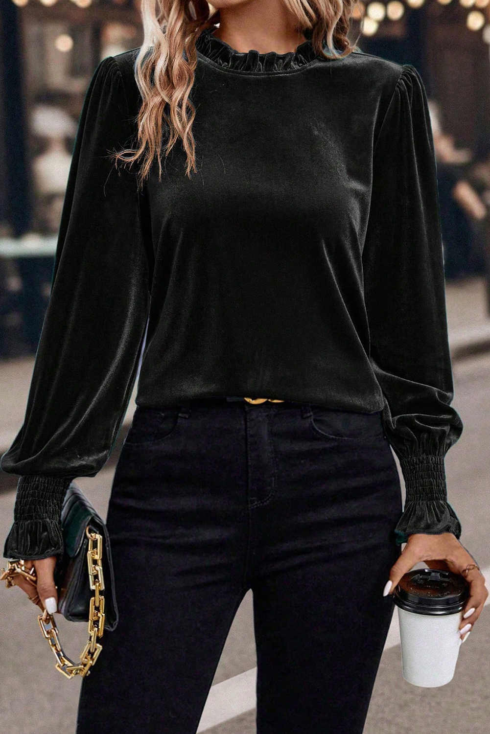 Black Frilled Collared Smocked Cuffs Puff Sleeve Velvet Blouse