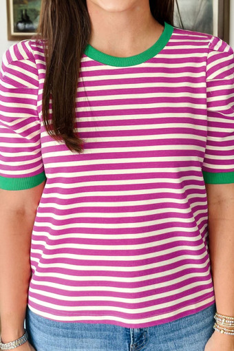 Samarreta de coll rodó amb màniga curta i vora contrastada a ratlles roses
