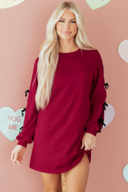 Racing Red Contrast Striped Bow Detail Drop Shoulder Sweatshirt Dress with Pockets