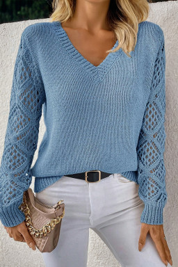 Beau Blue Solid V Neck Pointelle Knit Sleeve Patchwork Sweater