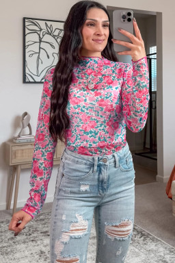 Pink Slim Fit Floral Mesh Long Sleeve Mock Neck Top