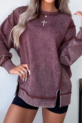 Red Sandalwood Mineral Wash Exposed Seam Side Slit Sweatshirt