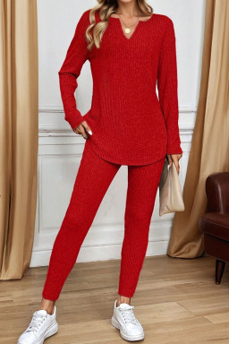 Racing Red Ribbed Notched Neck Knit Long Sleeve Leggings Two Pieces Lounge Set