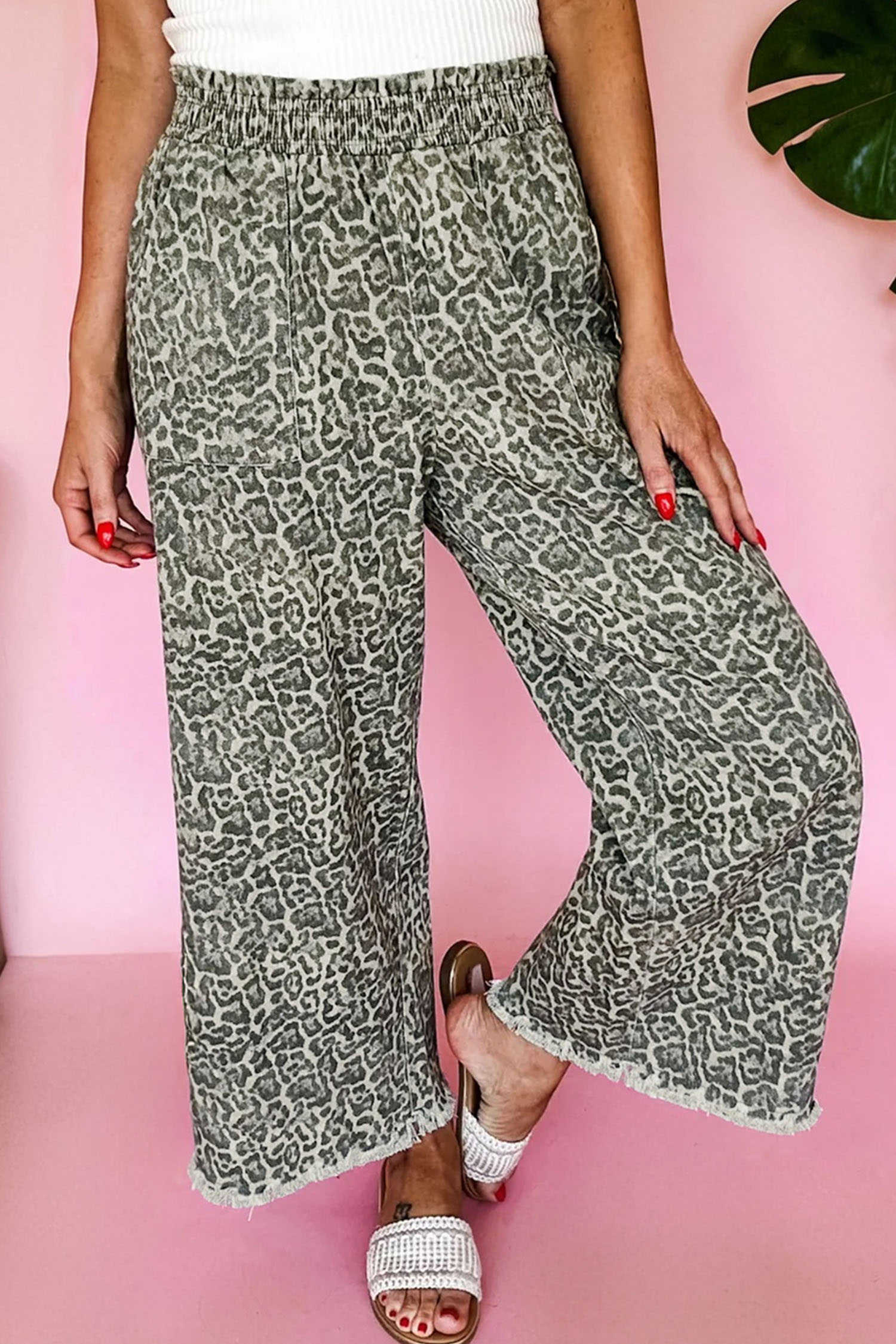 Brown Leopard Print Raw Hem Elastic Waist Loose Pull On Jeans