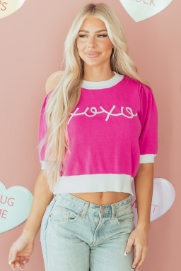 Bright Pink XOXO Embroidered Graphic Valentines Contrast Trim Crew Neck Short Puff Sleeve Sweater Tee
