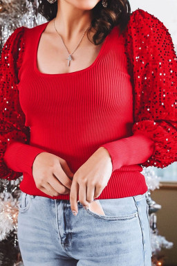 Fiery Red Sequin Sleeve Patchwork Ribbing Knit Square Neck Holiday Sweater