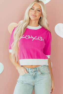 Bright Pink XOXO Embroidered Graphic Valentines Contrast Trim Crew Neck Short Puff Sleeve Sweater Tee