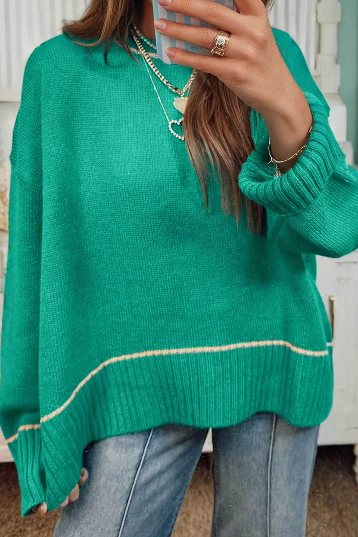 Sea Green Contrast Detail Drop Shoulder Baggy Sweater
