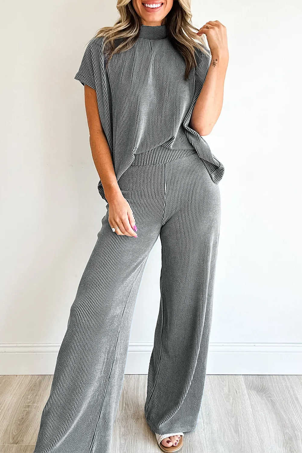 Dark Grey Twisted Ribbed High Neck Loose Tee Elastic High Waist Loose Pant Set