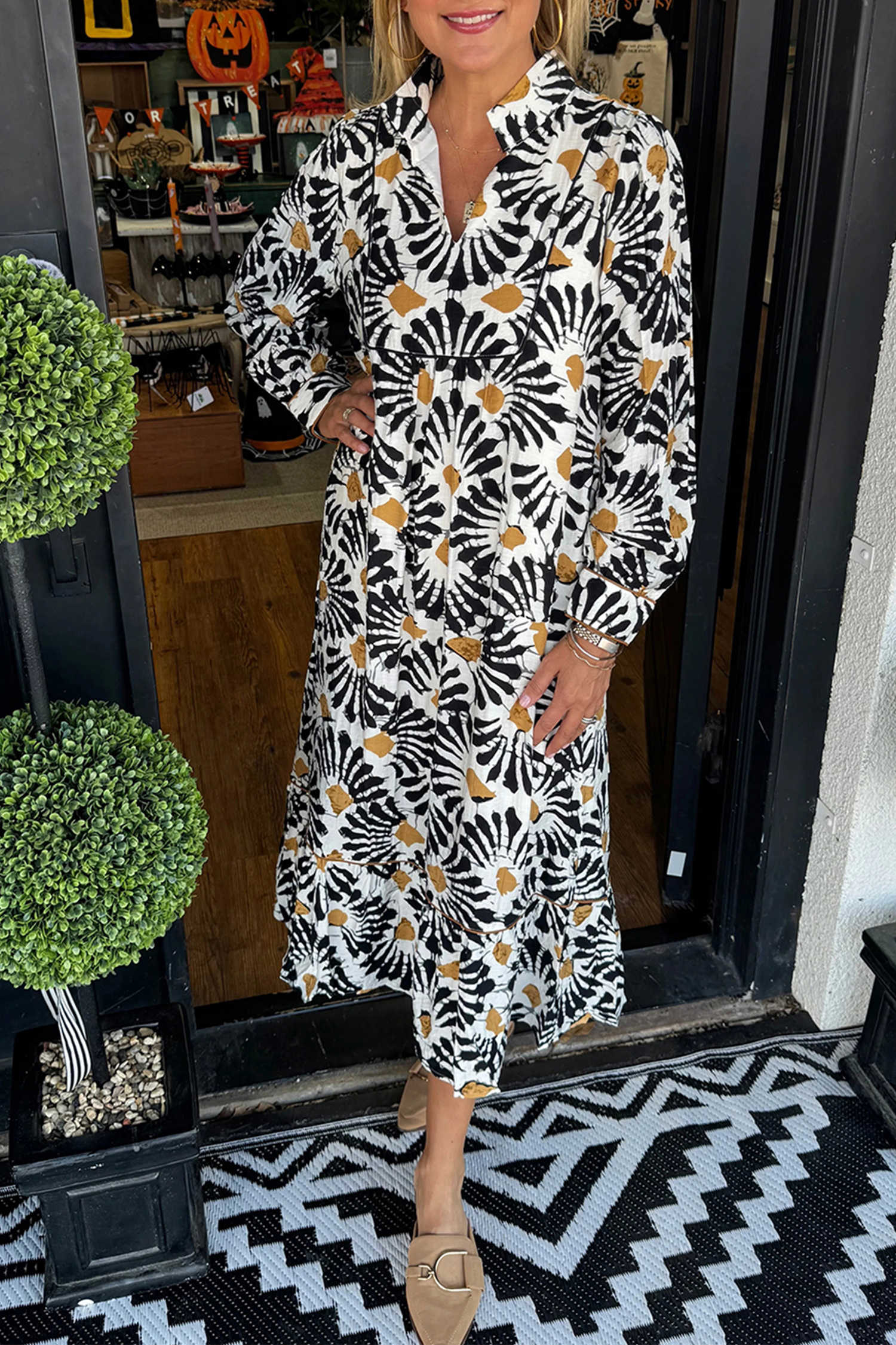 Black Abstract Floral Print Split V Neck Long Dress with Sleeves