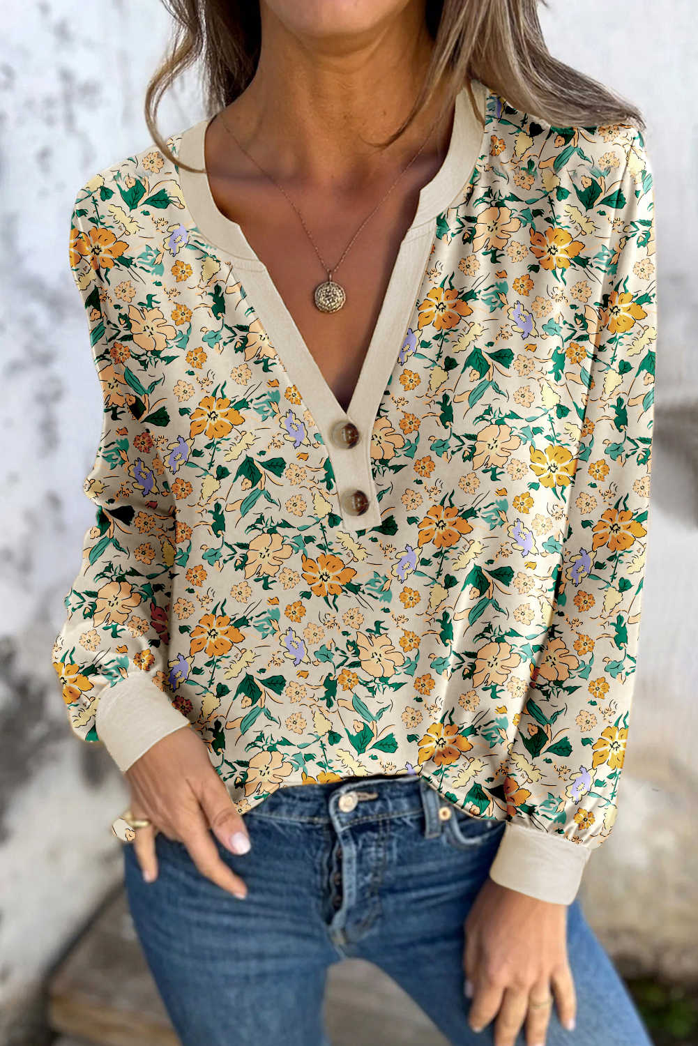 Khaki Floral Print Button Notched V Neck Long Sleeve Top