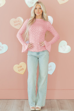 Gossamer Pink Heart Jacquard Flare Sleeve Mock Neck Fitted Top