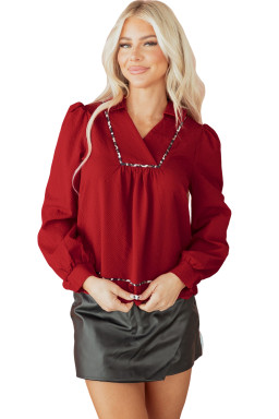 Fiery Red Collar V Neck Leopard Contrasted Trim Textured Blouse