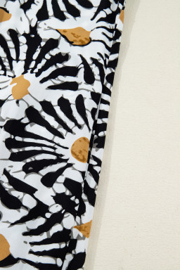 Black Abstract Floral Print Split V Neck Long Dress with Sleeves