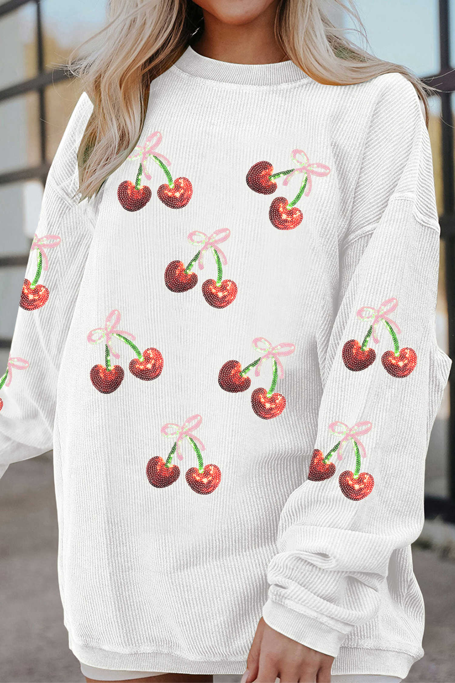 White Corded Ribbed Sequin Cherry Bow Patched Drop Shoulder Sweatshirt