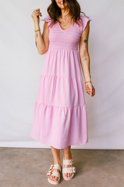 Pink Smocked Bodice Flutter Sleeve Fit Flare Tiered Midi Dress