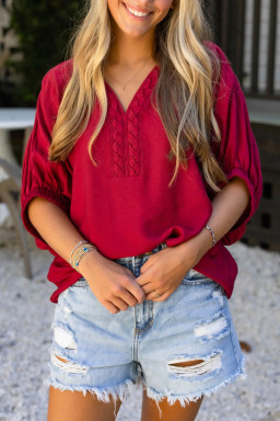 Racing Red Braided Trim V Neck Half Sleeve Blouse
