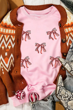 Pink Sequined Bow Pattern Drop Shoulder Loose Sweatshirt
