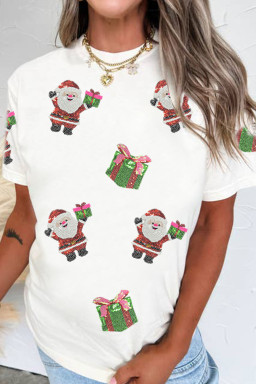 White Santa Deliver Gift Sequin Patched Christmas T Shirt