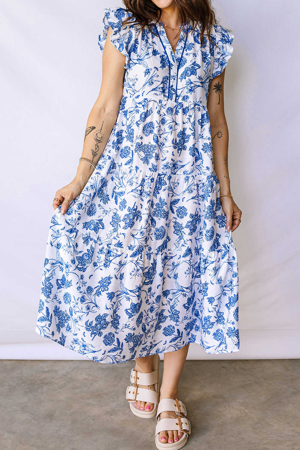 Blue Ruffled Short Sleeve Tiered Floral Midi Dress