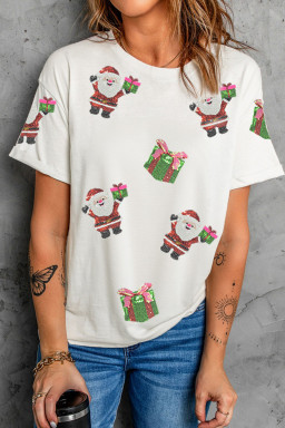 White Santa Deliver Gift Sequin Patched Christmas T Shirt